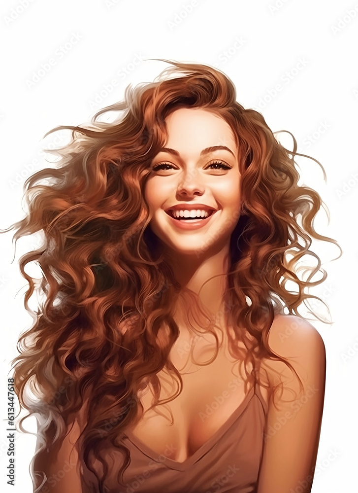 Naklejka premium Happy beautiful girl smiling with her red curly hair. AI Generated