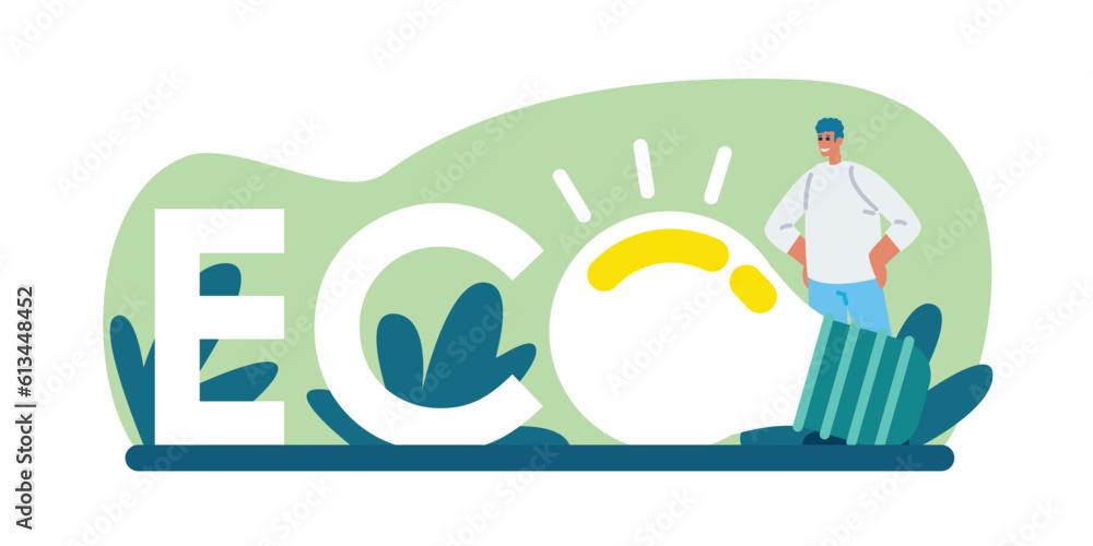Happy cartoon guy standing near eco lamp. Using energy from natural resources. No negative effects of fossil fuels. Consumption of windmills and green electricity. Vector