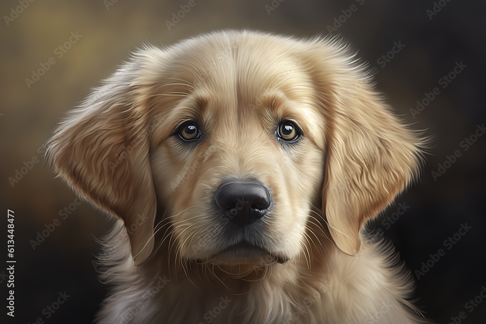 Cute young golden retriever dog, hyperrealism, photorealism, photorealistic