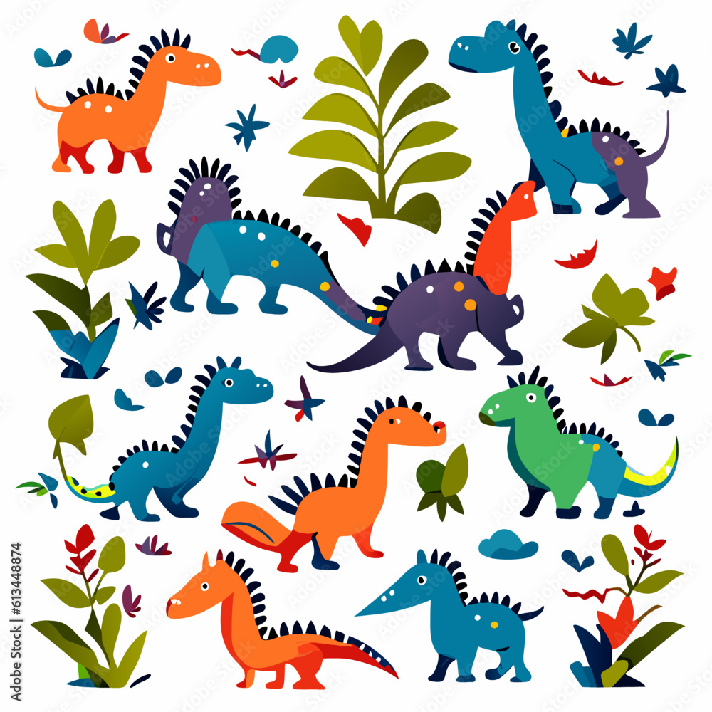 Naklejka premium Cute dinosaurs and leaves vector set. Cartoon illustration of cute dinosaurs and leaves isolated on white background