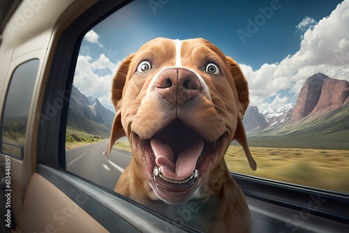 Happy dog with head out of the car window having fun, generative ai, hyperrealism, photorealism, photorealistic © DynamicShutterArt