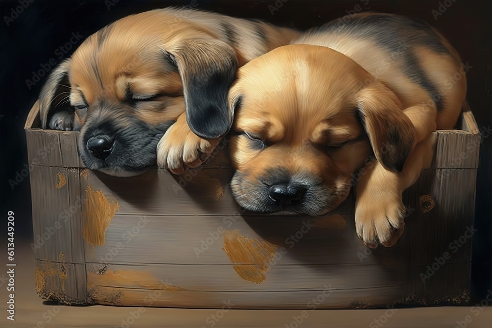 Sleeping puppies, hyperrealism, photorealism, photorealistic