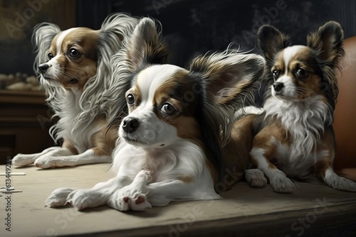 Stylish cute dogs lying on table, hyperrealism, photorealism, photorealistic © DynamicShutterArt