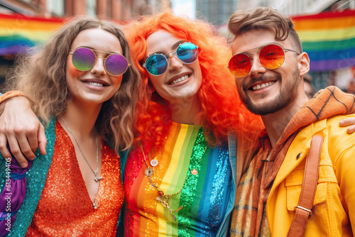Photo of a group of people with rainbow colored hair and sunglasses celebrating pride and LGBT culture © Nedrofly