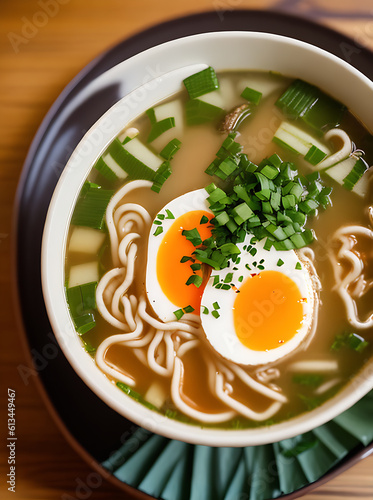 Realistic ramen soup cozy restaurant ambiance.