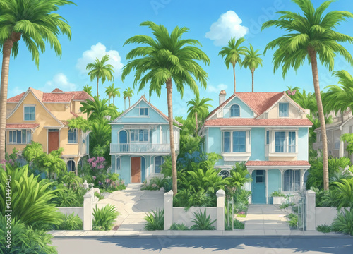 Row of houses and palm trees in front of them. Decorative cityscape in animation style. Generative AI