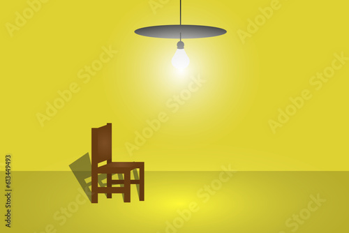 A wooden chair stands in the center of the empty stage under the lights.