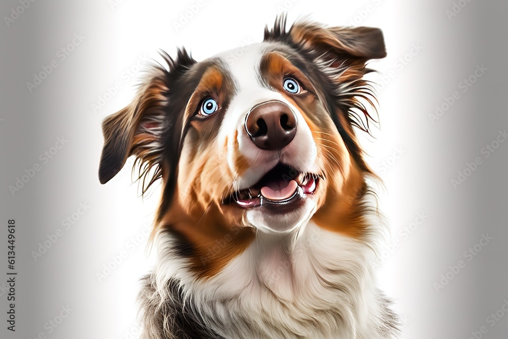 Close up portrait of cute young Australian Shepherd dog with tongue out, isolated on white background. Beautiful adult Aussie, looking up away. , hyperrealism, photorealism, photorealistic