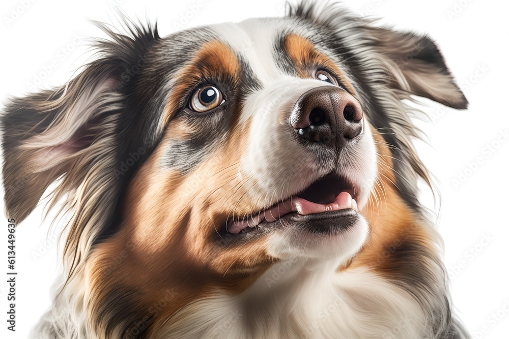 Close up portrait of cute young Australian Shepherd dog with tongue out, isolated on white background. Beautiful adult Aussie, looking up away. , hyperrealism, photorealism, photorealistic