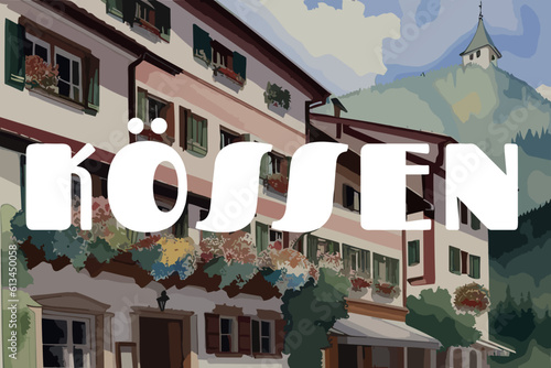 Kössen: Beautiful painting of an Austrian village with the name Kössen in Tirol