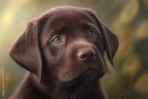 Portrait of brown puppy with bokeh background, hyperrealism, photorealism, photorealistic