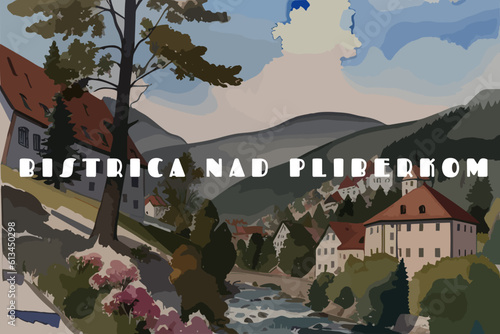 Bistrica nad Pliberkom: Beautiful painting of an Austrian village with the name Bistrica nad Pliberkom in Kärnten