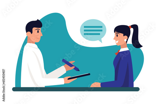 Smiling cartoon girl interviewing man for job. Process of selecting resumes and talking with candidates. Human resource management. Vector flat style illustration