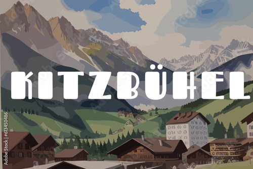 Kitzbühel: Beautiful painting of an Austrian village with the name Kitzbühel in Tirol