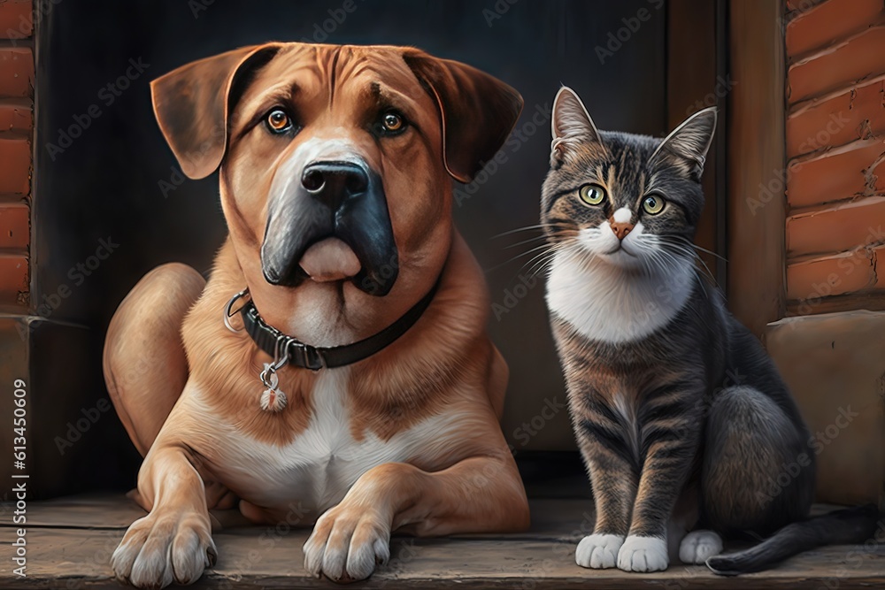 Cat and dog together on the christmas background, hyperrealism, photorealism, photorealistic