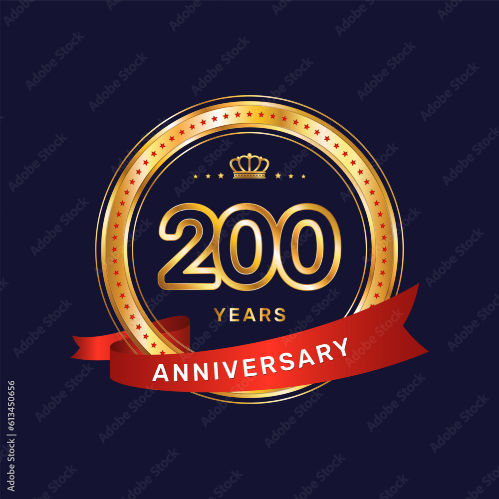 Obraz premium 200 year anniversary logo with gold ring and red ribbon, vector template