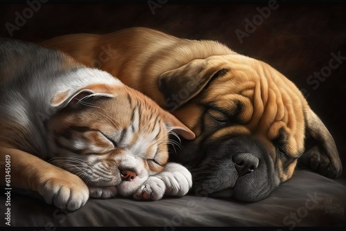 Cat and dog sleeping. Puppy and kitten sleep.   hyperrealism  photorealism  photorealistic