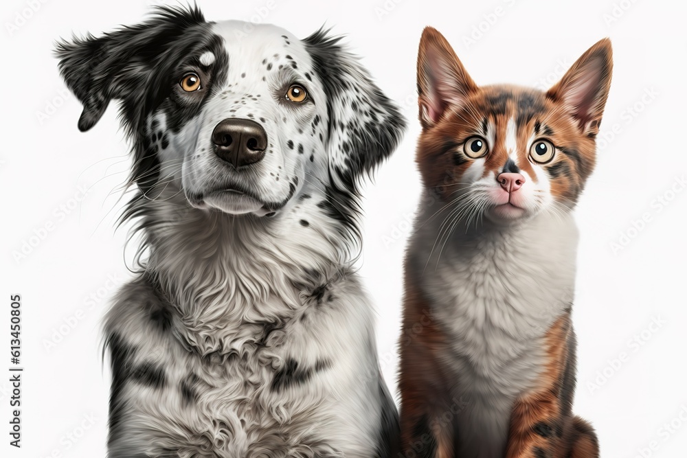 Cute dog and cat together on white background, hyperrealism, photorealism, photorealistic