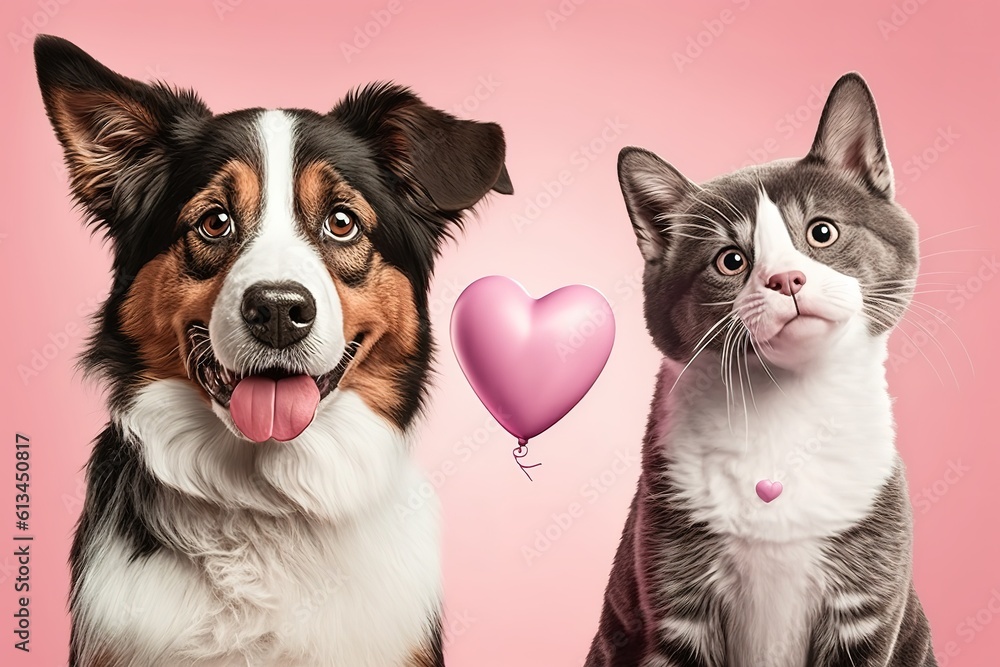 Cute dog and cat with valentine heart shape balloon on pink background. Photograph of Valentine's day card with adorable dog. Generative AI, hyperrealism, photorealism, photorealistic