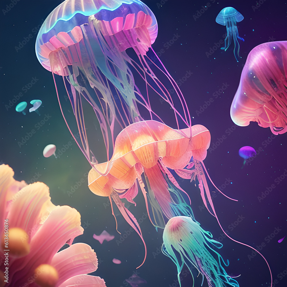 Naklejka premium Jellyfish under water, bright abstract purple blue color, photorealistic illustration, Generative AI