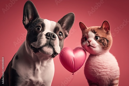 Cute dog and cat with valentine heart shape balloon on pink background. Photograph of Valentine's day card with adorable dog. Generative AI, hyperrealism, photorealism, photorealistic © DynamicShutterArt