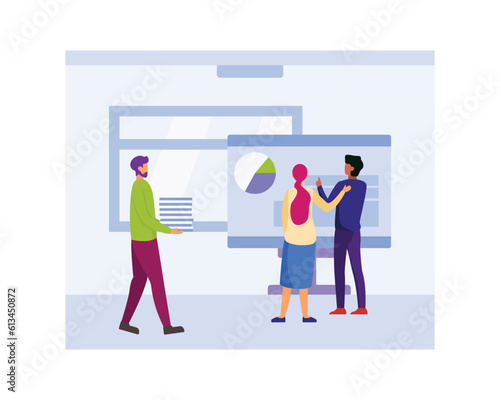 Cartoon group of workers analyze graphs on monitor. Multicultural team. Colleagues in office. Coworking center. Business people. Brainstorming ideas. Vector © ANDRII