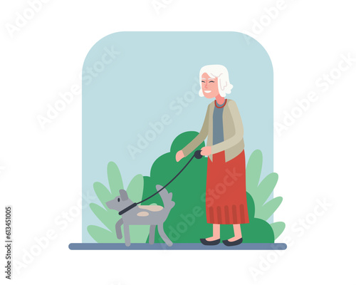 Cartoon smiling grandmother walking her dog outside. Senior people having healthy and active lifestyle. Recreation time. Happy old age. Vector flat style