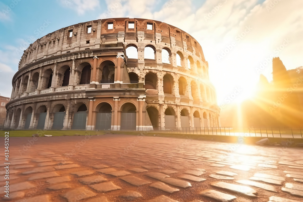 The Colosseum italy in the morning the sun shines dew
