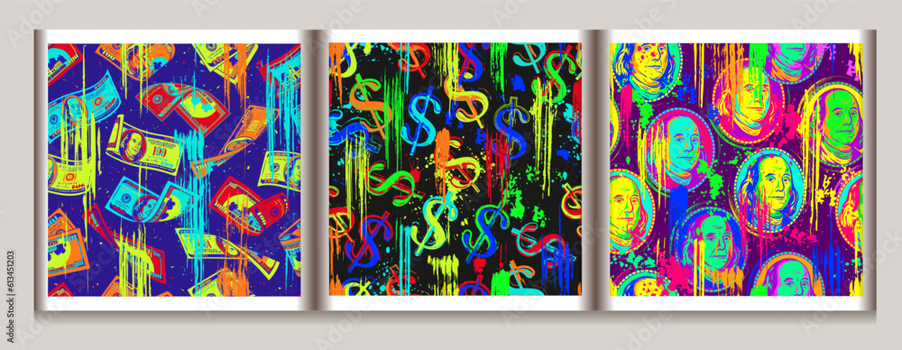 Pop art money patterns with 100 dollar bills, dollar sign, portrait of ...