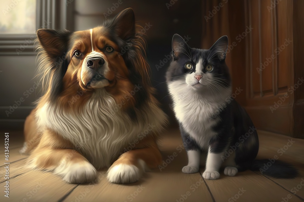 Cat and dog friendship, hyperrealism, photorealism, photorealistic