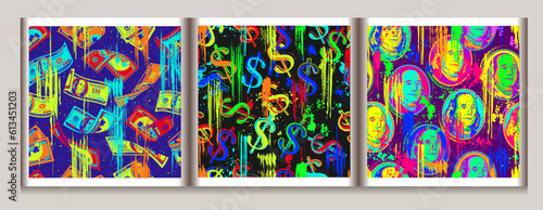 Pop art money patterns with 100 dollar bills, dollar sign, portrait of Benjamin Franklin. Background witn paint brush strokes, splatter, smudges of neon fluorescent colors.