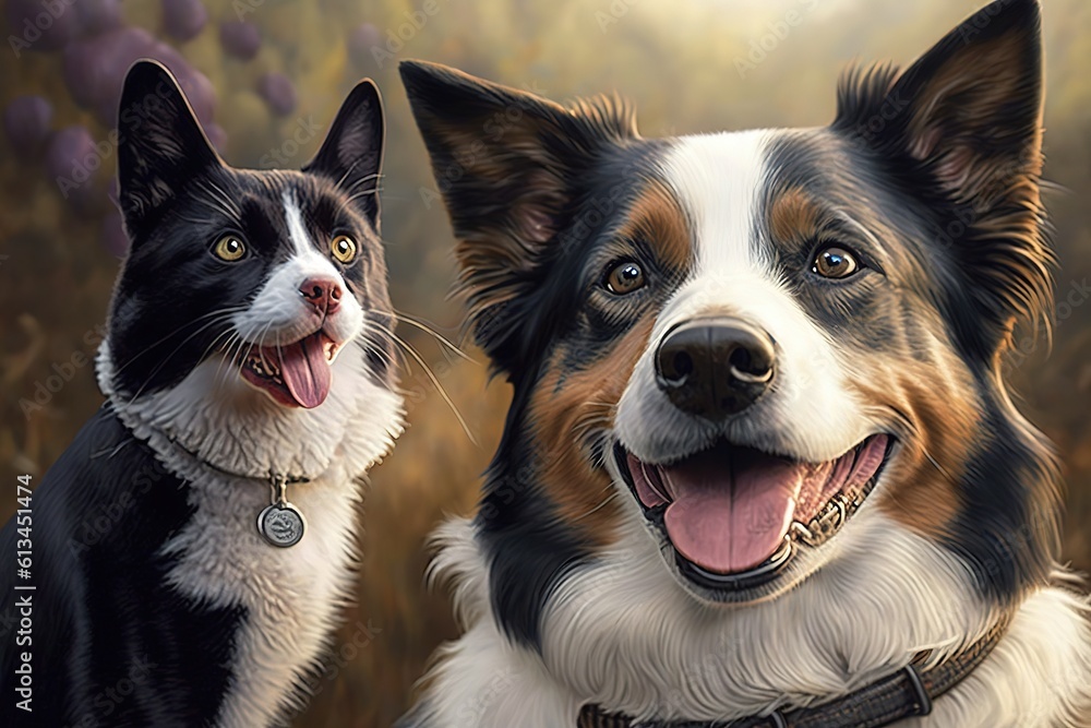 Happy Border Collie Dog and Tabby Cat Together Closeup