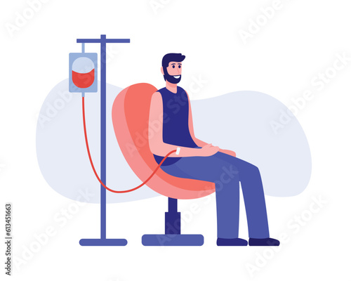 Colored cartoon bearded man donating blood in hospital. Social active youth. Volunteering organization members. Lifesaving impact of blood. Vector illustration