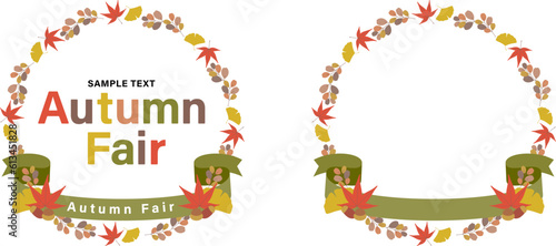 秋のフレーム：落ち葉のシンプルなリース風フレーム（リボン付き円形）