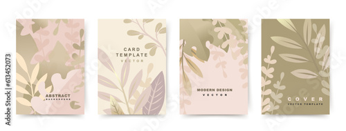 Abstract backgrounds in modern style with leaves and plants in pastel colors. Trendy vector template for cover design, invitation, poster, flyer, social media, banner, leaflet, presentation, card