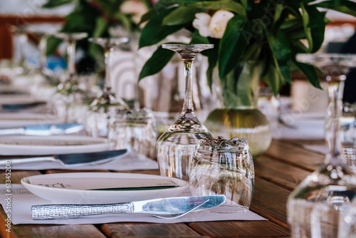 Beautiful table setting for outdoor catering. Cutlery close-up.