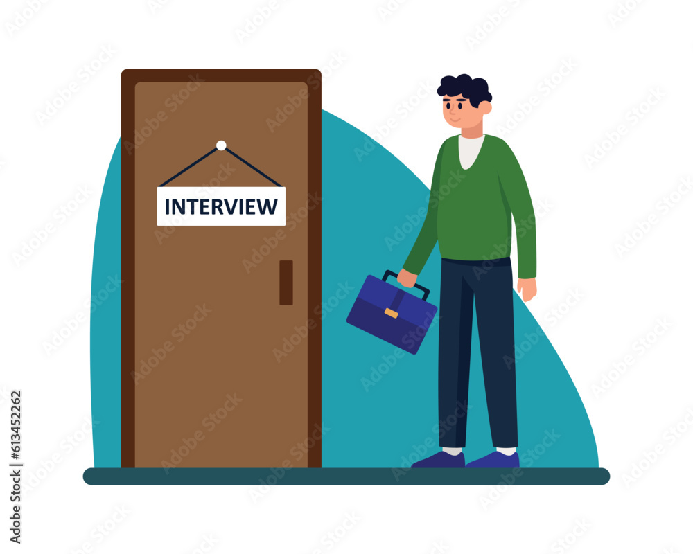 Cartoon brunet guy with business bag goes to interview. HR department managers conducting interviews with job seekers. Working in recruitment agency. Headhunting business representatives. Vector Cartoon brunet guy with business bag goes to interview. HR department managers conducting interviews with job seekers. Working in recruitment agency. Headhunting business representatives. Vector