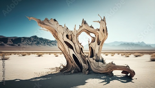 Abstract dry snag on a sand landscape, atmospheric sky, hot desert
