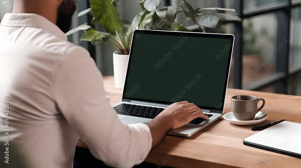 Young man using laptop computer with blank empty mockup screen. Business man working at home. Freelance, student lifestyle, e-learning, shopping online, web site, technology concept Young man using laptop computer with blank empty mockup screen. Business man working at home. Freelance, student lifestyle, e-learning, shopping online, web site, technology concept