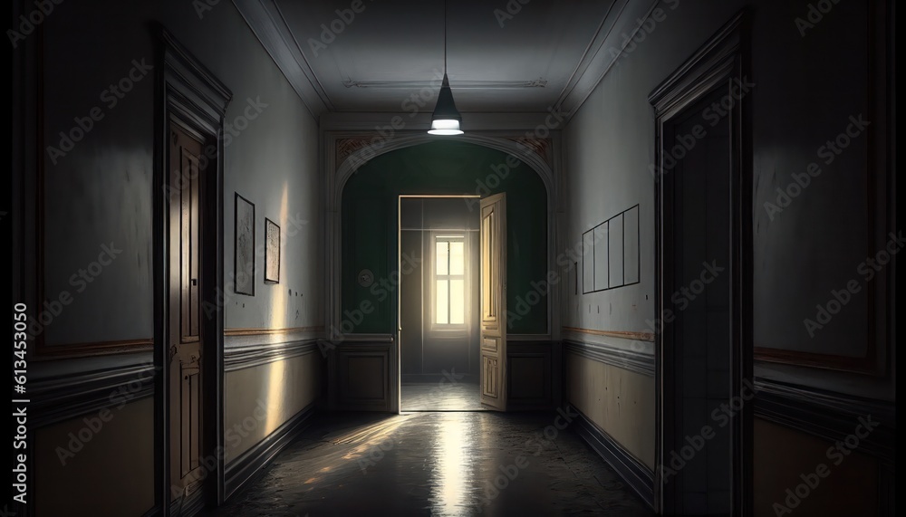 Dark modern interior with soft window lights, corridor hall room