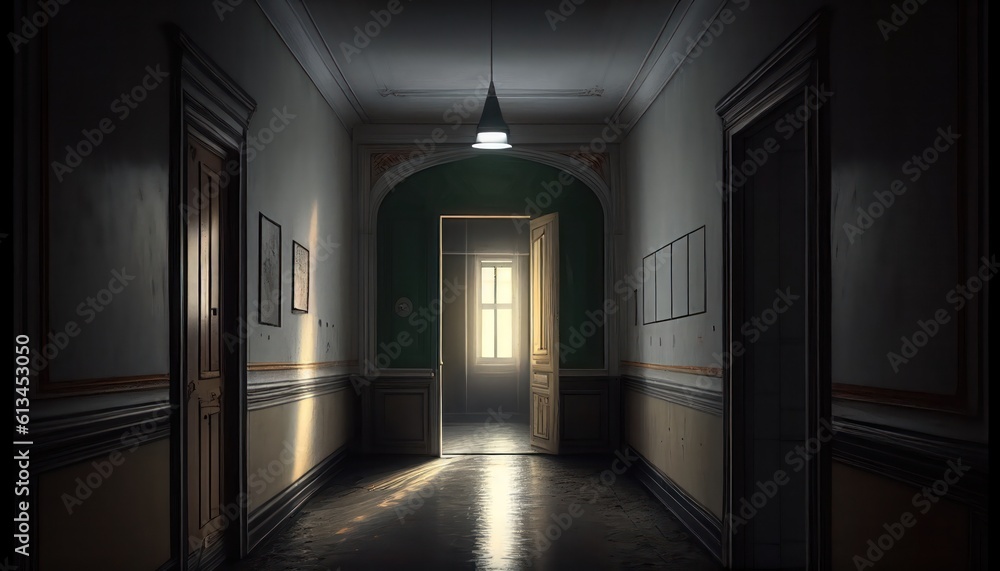 Dark modern interior with soft window lights, corridor hall room Dark modern interior with soft window lights, corridor hall room