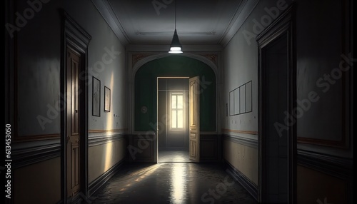 Dark modern interior with soft window lights, corridor hall room