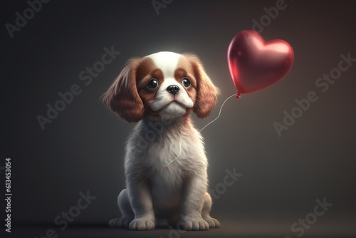 Cute puppy dog with a love heart balloon. Valentines day concept. Generative ai, hyperrealism, photorealism, photorealistic