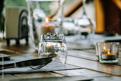 Beautiful table setting for outdoor catering. Cutlery close-up.