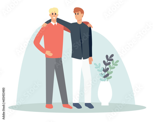Happy cartoon men feeling happy when meeting. Friends spending time together. Human communication and behavior. Bonding relationships between people. Vector