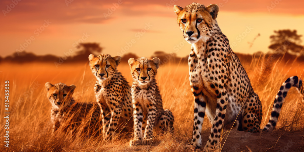 Obraz premium Cheetah family in the savannah at sunset. Generative AI