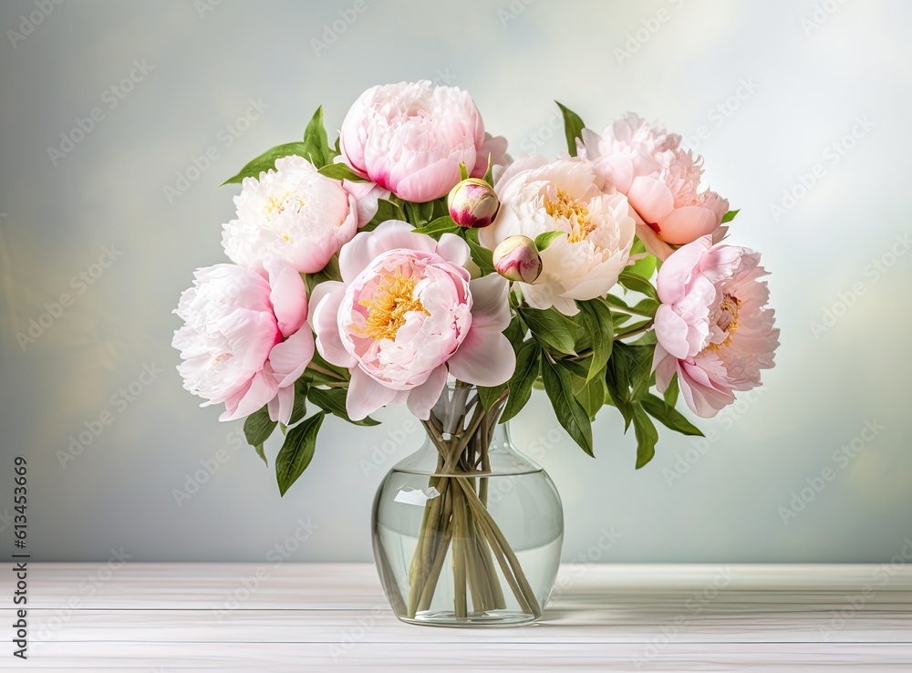 Vase with beautiful peony flowers on table. Created with Generative AI technology. Vase with beautiful peony flowers on table. Created with Generative AI technology.