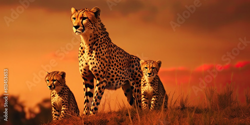 Cheetah family in the savannah at sunset. Generative AI © Farnaces