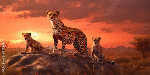 Cheetah family in the savannah at sunset. Generative AI