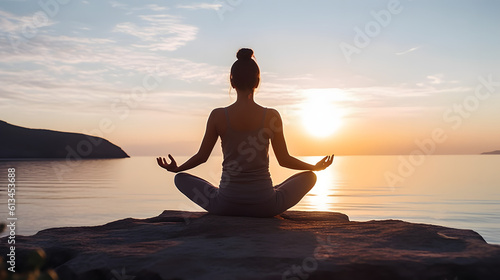 Young woman practicing yoga near the sea at sunset. Harmony, meditation, healthy lifestyle, relaxation, yoga, self care, mindfulness concept © Prasanth